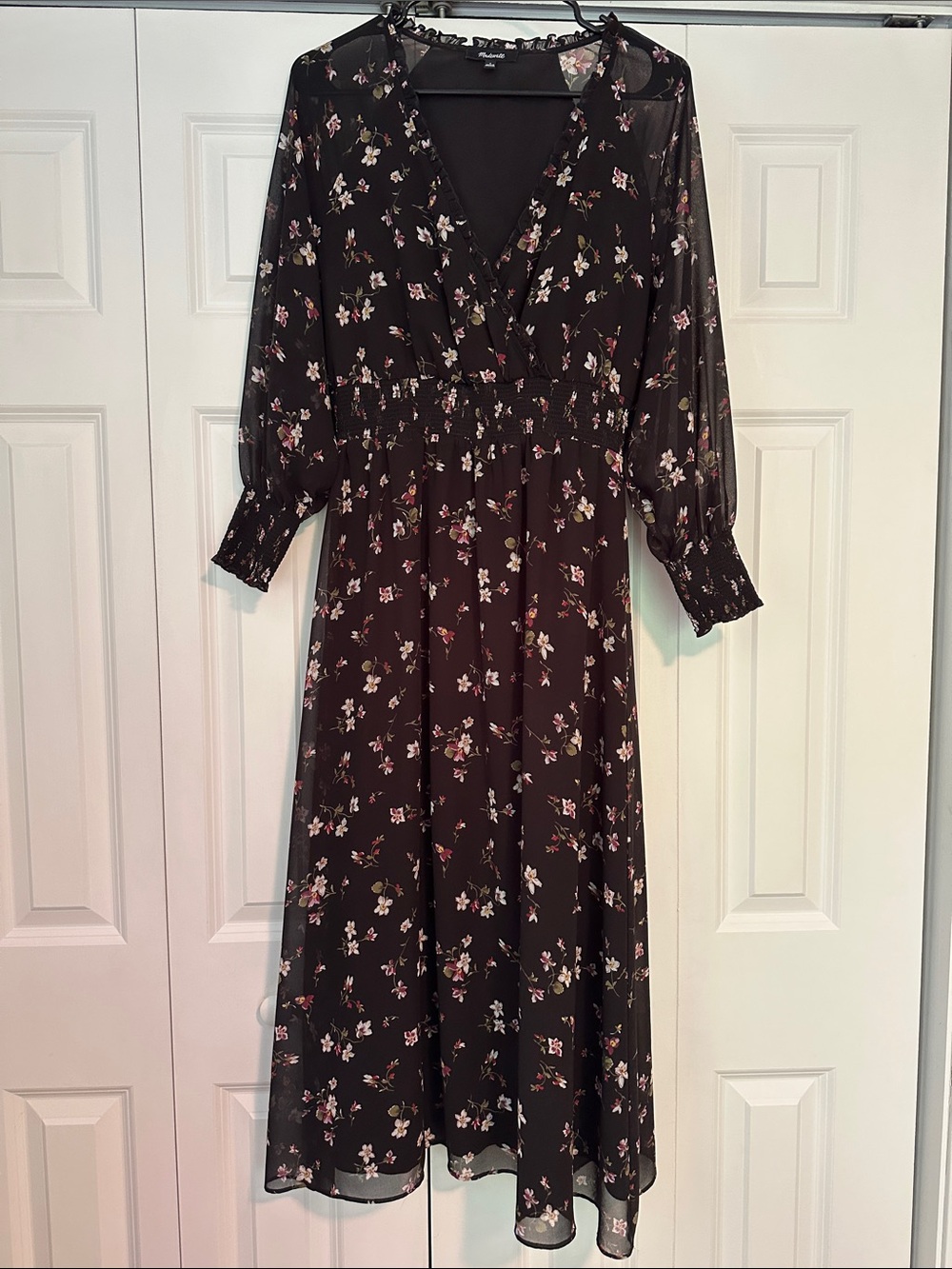 Madewell Black Floral Chiffon Midi Dress Smocked Waist Sheer Sleeves Size Small